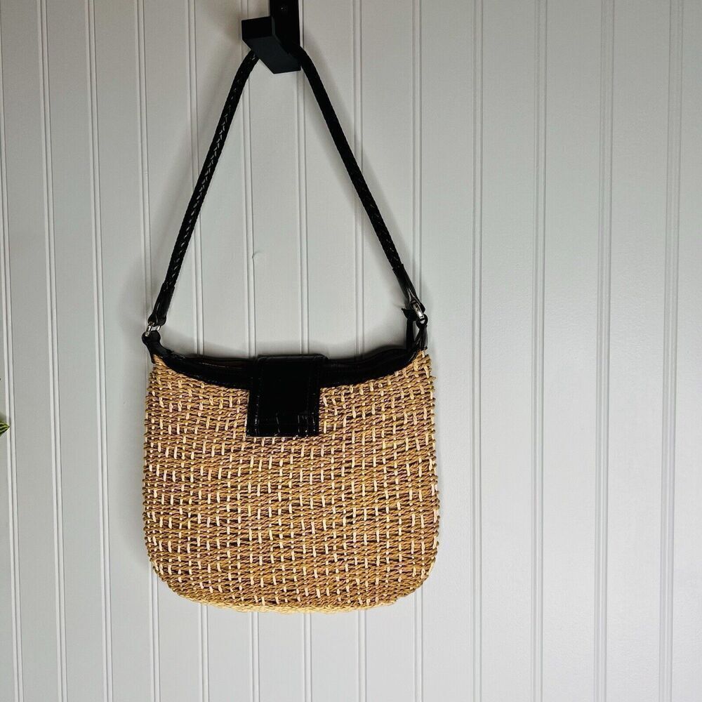 Brighton Jute Raffia Woven Shoulder Bag Brown Leather Woven Handles Heart Charm - Picture 5 of 10